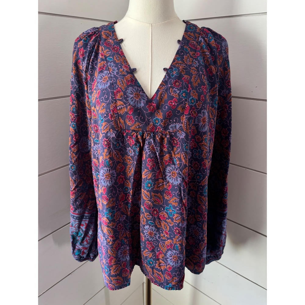 Natural Life Blouse Women XL Purple Excellent Boho Floral Peasant Cottagecore
